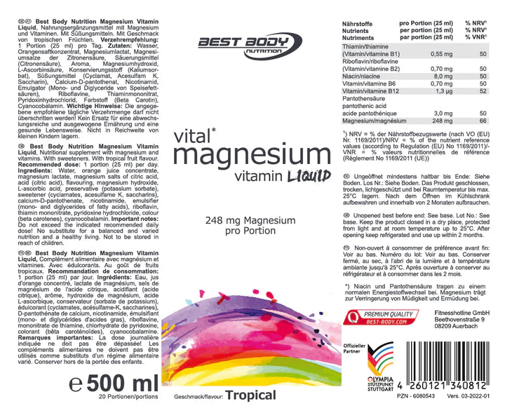 Best Body MAGNESIUM VITAMIN LIQUID - TROPICAL - 500 ML FLASCHE